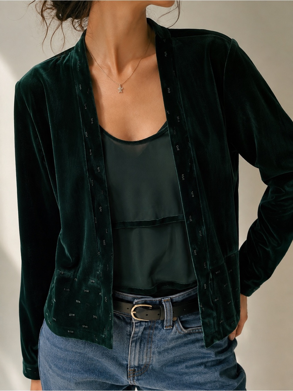 90s Dark Green Velvet Beaded Cropped Jacket Size L